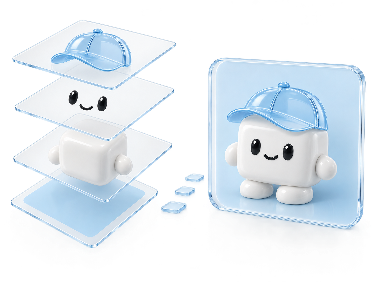 Separate background, body, face, and cap layers come together as one smiling collectible.